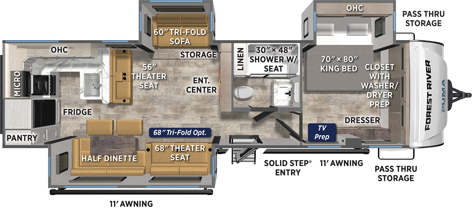 The Puma Tracks 3060RKTS floorplan has one entry and three slide outs. Exterior features include: fiberglass exterior and 11' & 11' awning. Interiors features include: rear kitchen and front bedroom.